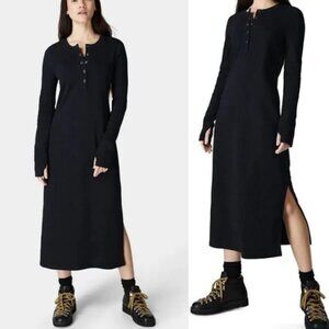 NWT SWEATY BETTY LONDON Henley Ribbed Midi Dress Long Sleeve Black XXS